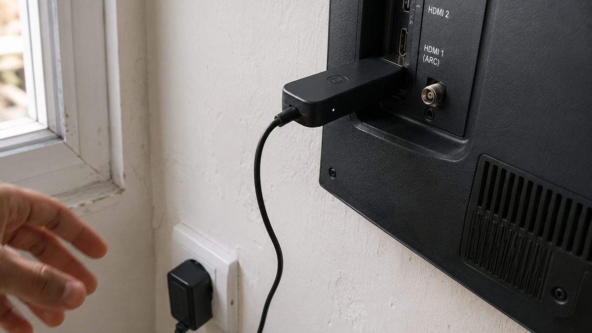 Fire TV Stick connected behind a television, ready for an IPTV install