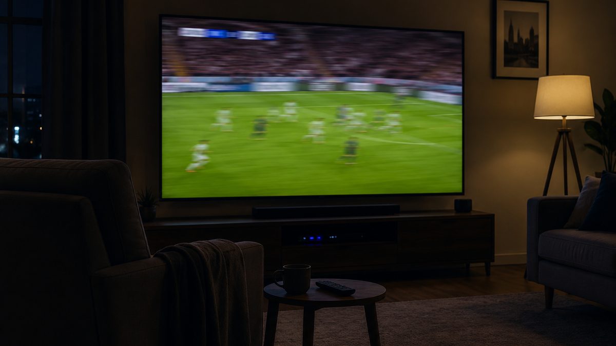 Large television playing a live football match in a dim living room with a sofa in the foreground