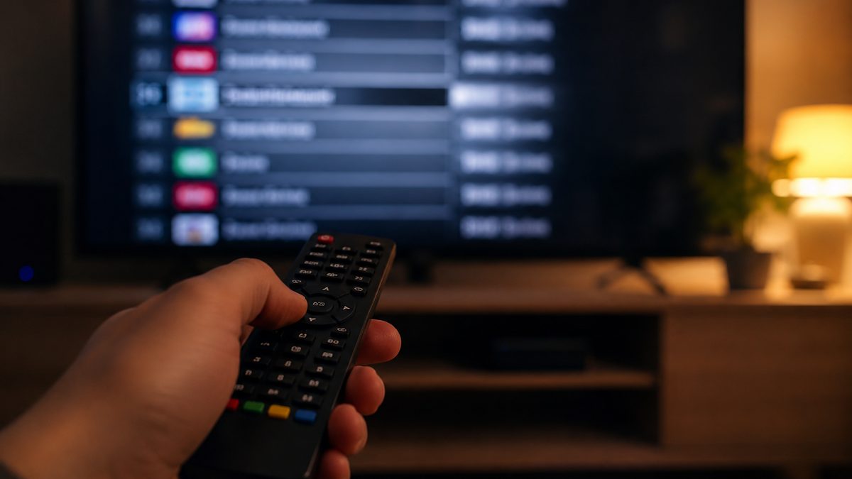 Close-up of a hand scrolling a live television programme guide on a large screen